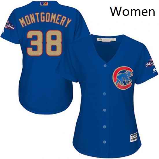 Womens Majestic Chicago Cubs 38 Mike Montgomery Authentic Royal Blue 2017 Gold Champion MLB Jersey